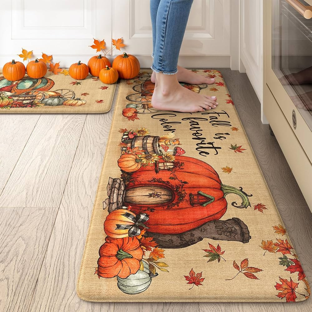 Collive Kitchen Mats Cushioned Anti Fatigue, Pumpkin Carriage Fall Leaf Kitchens Rugs Set of 2 No... | Amazon (US)