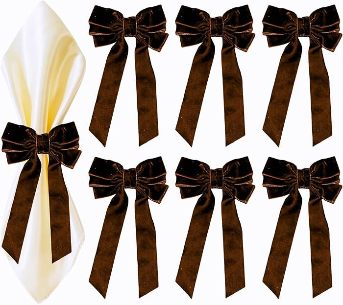 Bow Napkin Rings Set of 6 Luxury Soft Brown Velvet Napkin Holders, Elegant Bow Design for Christm... | Amazon (US)