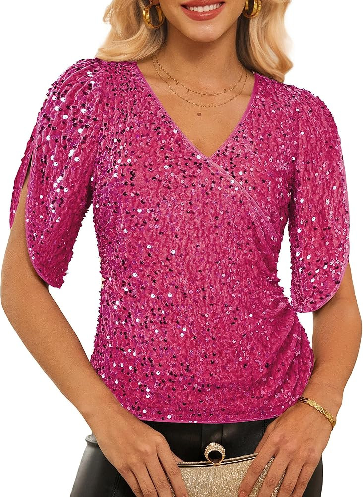 GRACE KARIN Womens 3/4 Length Sleeve Sequin Tops V Neck Velvet Ruched Blouses 2026 Glitter Trendy... | Amazon (US)