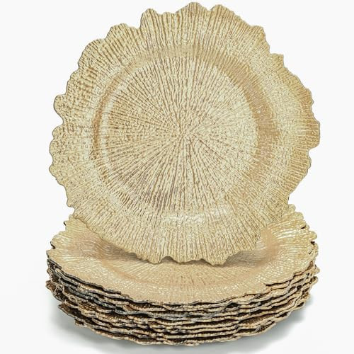 WUWEOT 12 Pack Gold Charger Plates, 12.7" Round Plastic Reef Plate Chargers with Flora Reef Design for Wedding Dinner Party Decoration | Amazon (US)