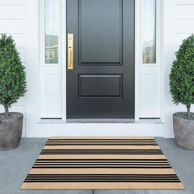 KIMODE Striped Outdoor Rug 27.5x43 Inches, Black and Khaki Outdoor Front Porch Rug, Reversible Wa... | Amazon (US)