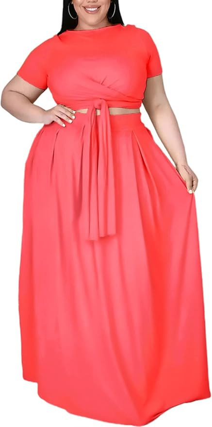 Womens Sexy Plus Size 2 Piece Dress Outfits Short Sleeve Bandage Wrap Empire Crop Tops and Skirt ... | Amazon (US)