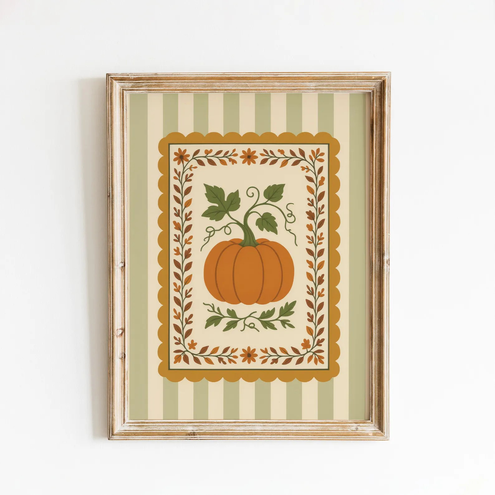 Pumpkin Folk Art Poster – Rustic Fall Harvest Print With Green Stripes - Etsy | Etsy (US)