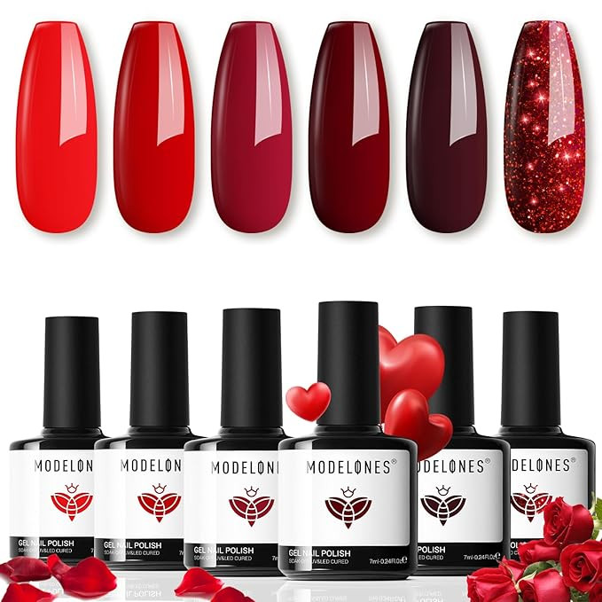 modelones Gel Nail Polish Set - 6 Red Colors Gel Polish Glitter Red Gel Polish Burgundy Red Spark... | Amazon (US)