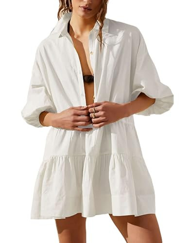 HangNiFang Women's Summer Babydoll Mini Dress Flowy Puff Sleeve Tiered Button Down Oversized Tunic Dress with Pockets(1307-White-M) | Amazon (US)