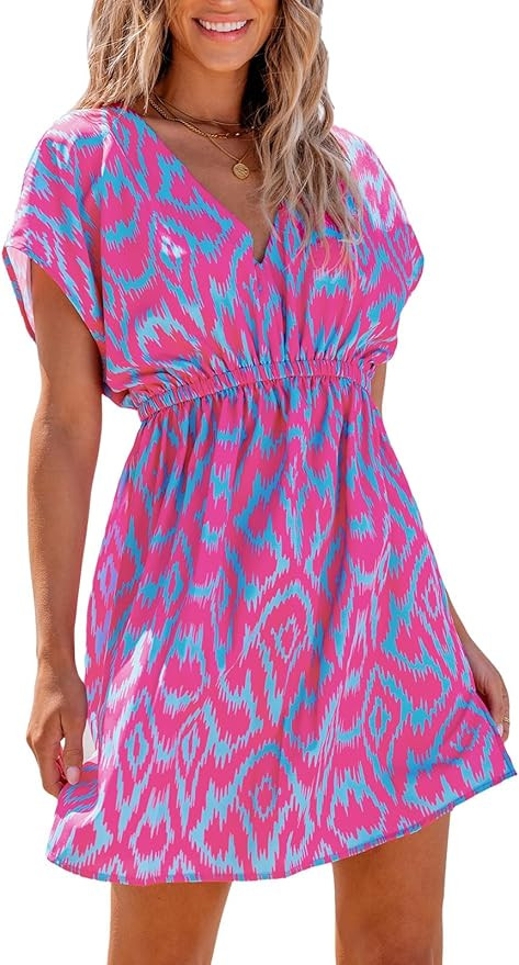 CUPSHE Women's Swimsuit Coverup Casual V Neck Beach Dress Short Sleeve Elastic Waist Swimwear Cov... | Amazon (CA)