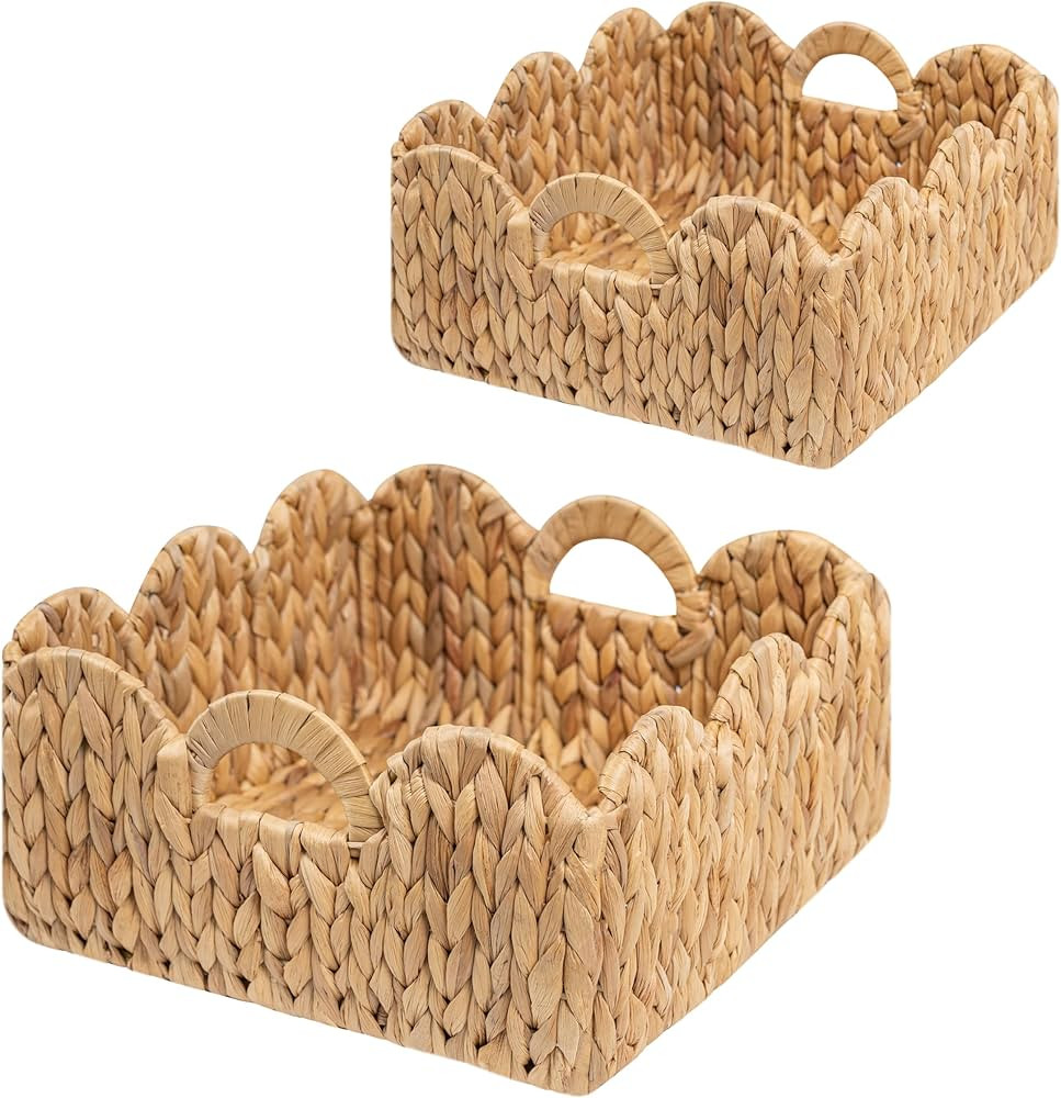 Set of 2 Scalloped Basket | Hand Woven Scallop Basket | Scalloped Wicker Basket with Handles | Sc... | Amazon (US)
