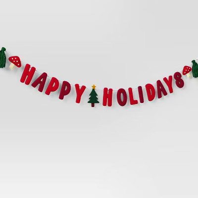6' Fabric 'Happy Holidays' with Mushrooms and Trees Christmas Decorative Wall Garland Red - Wonde... | Target