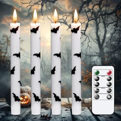 Eldnacele Halloween Flameless Taper Flickering Candles with Remote and Timer, Battery Operated Bats Decal Real Wax 3D Wick LED Candles White 4 Pack for Fireplace Holiday Spooky Halloween Decor | Amazon (US)