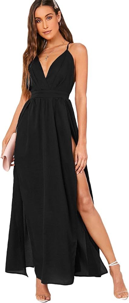 Floerns Women's V Neck Spaghetti Strap Backless Split Cocktail Party Maxi Long Dress | Amazon (US)