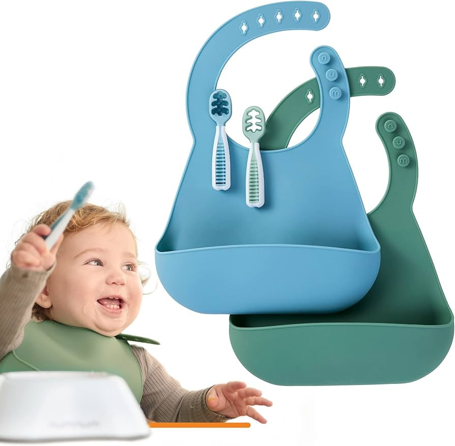 NumNum Pre-Spoon GOOtensils + Silicone Bibs - Babies & Toddlers Ki | Self Feeding Baby Spoon Set ... | Amazon (US)