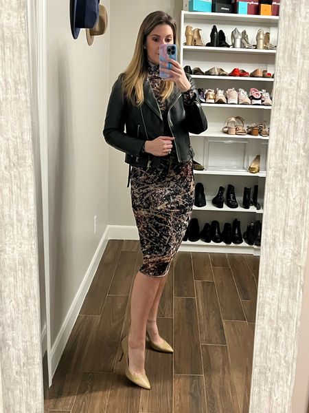 A fun date night dress for under $100. (Doubles as a great girls night piece too!) This print is sold out but sharing three other colors. The leather jacket is an oldie but a staple and worth every penny.

Dress runs slightly large. I’m wearing a size small. Jacket runs TTS. Wearing a size 6.

#LTKunder100