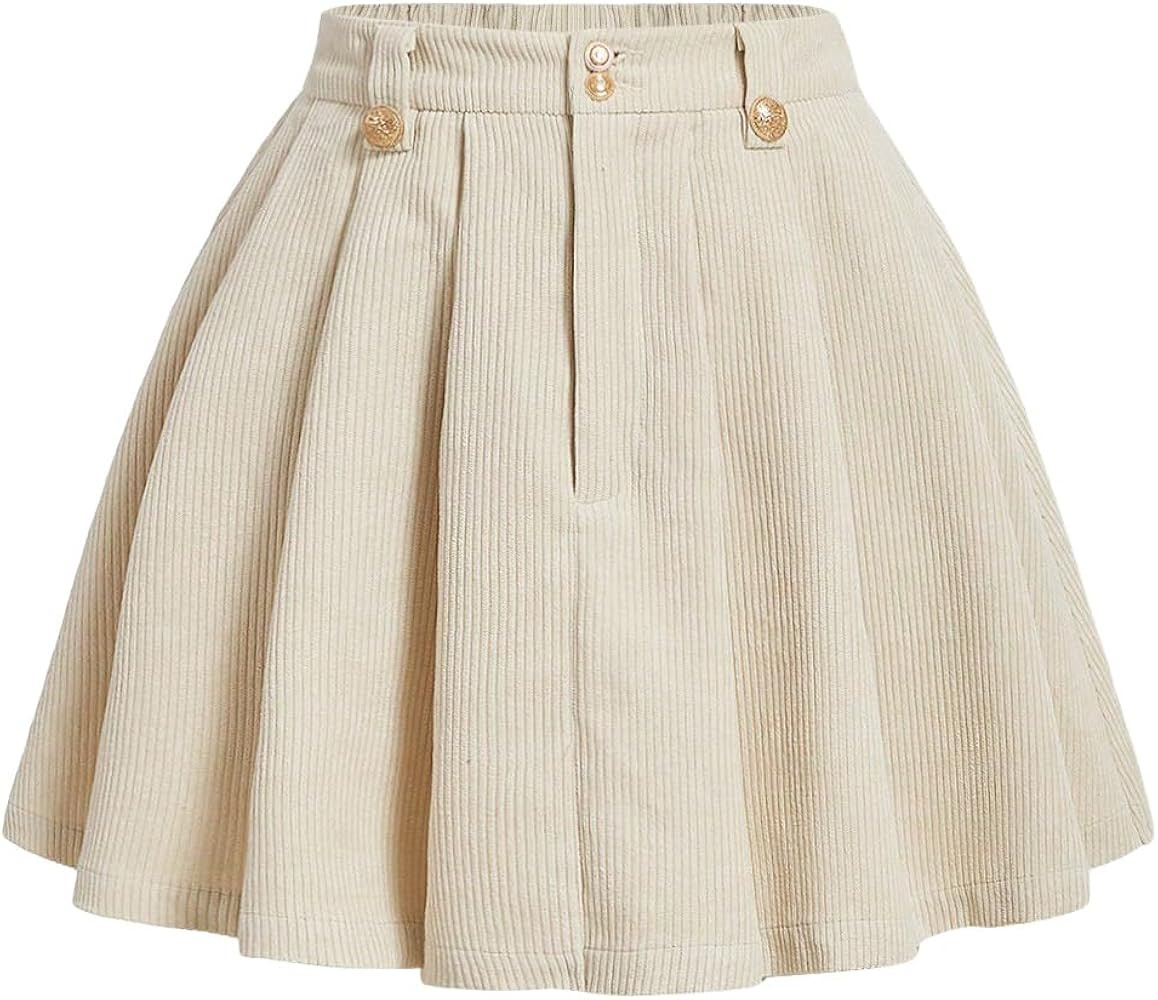 Floerns Women's Solid High Waist Pleated Hem Corduroy Mini Skater Skirt | Amazon (US)