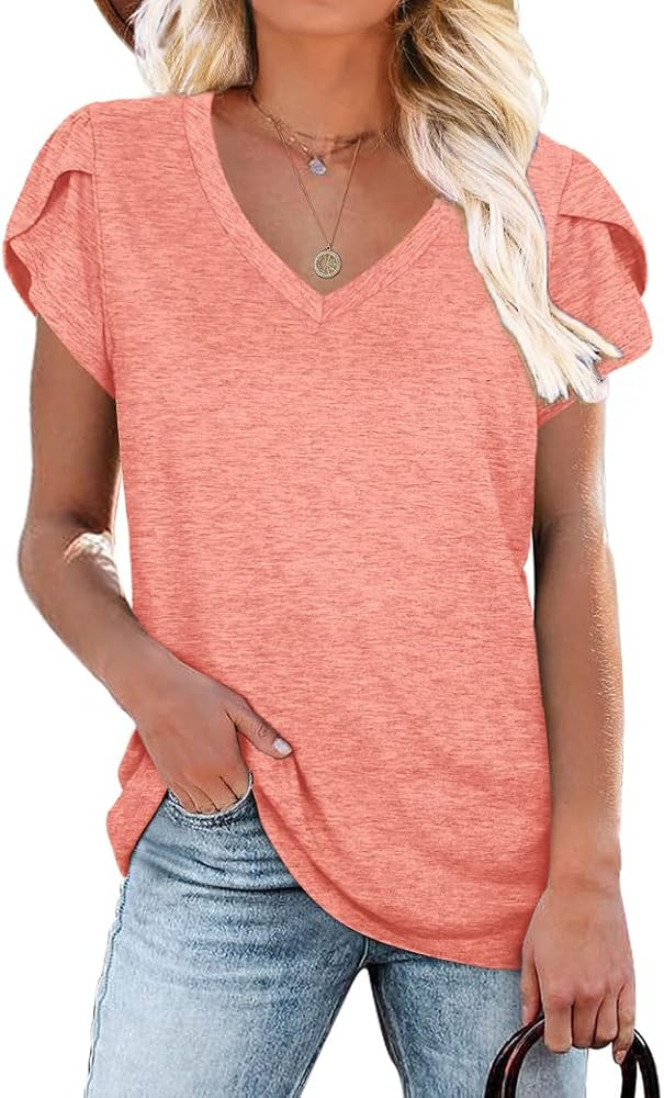WIHOLL Womens Tops V Neck Summer Petal Sleeve Casual Tshirts | Amazon (US)