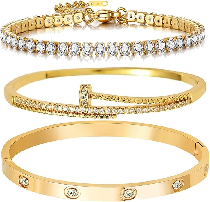 18K Gold Plated Tennis Bracelet Love Bangle Set for Women Stack Bracelets Stainless Steel Bangle ... | Amazon (US)