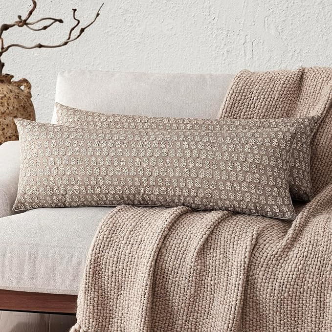 Foindtower Long Floral Print Lumbar Throw Pillow Cover 14×36 Inch,Tan Taupe | Amazon (US)