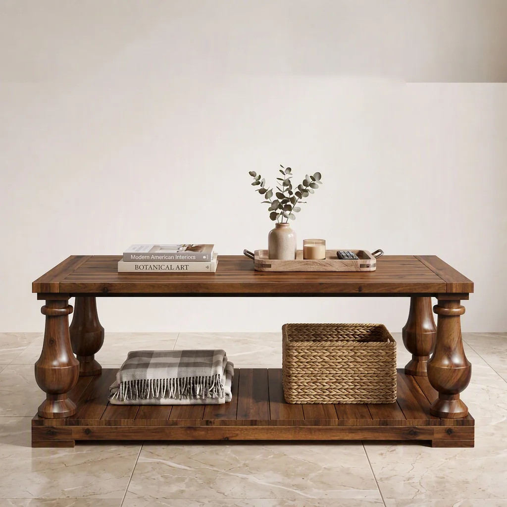 42"  2-Tier Coffee Table with Storage Shelf, Solid Wood Center Table with Turned Legs | Wayfair North America