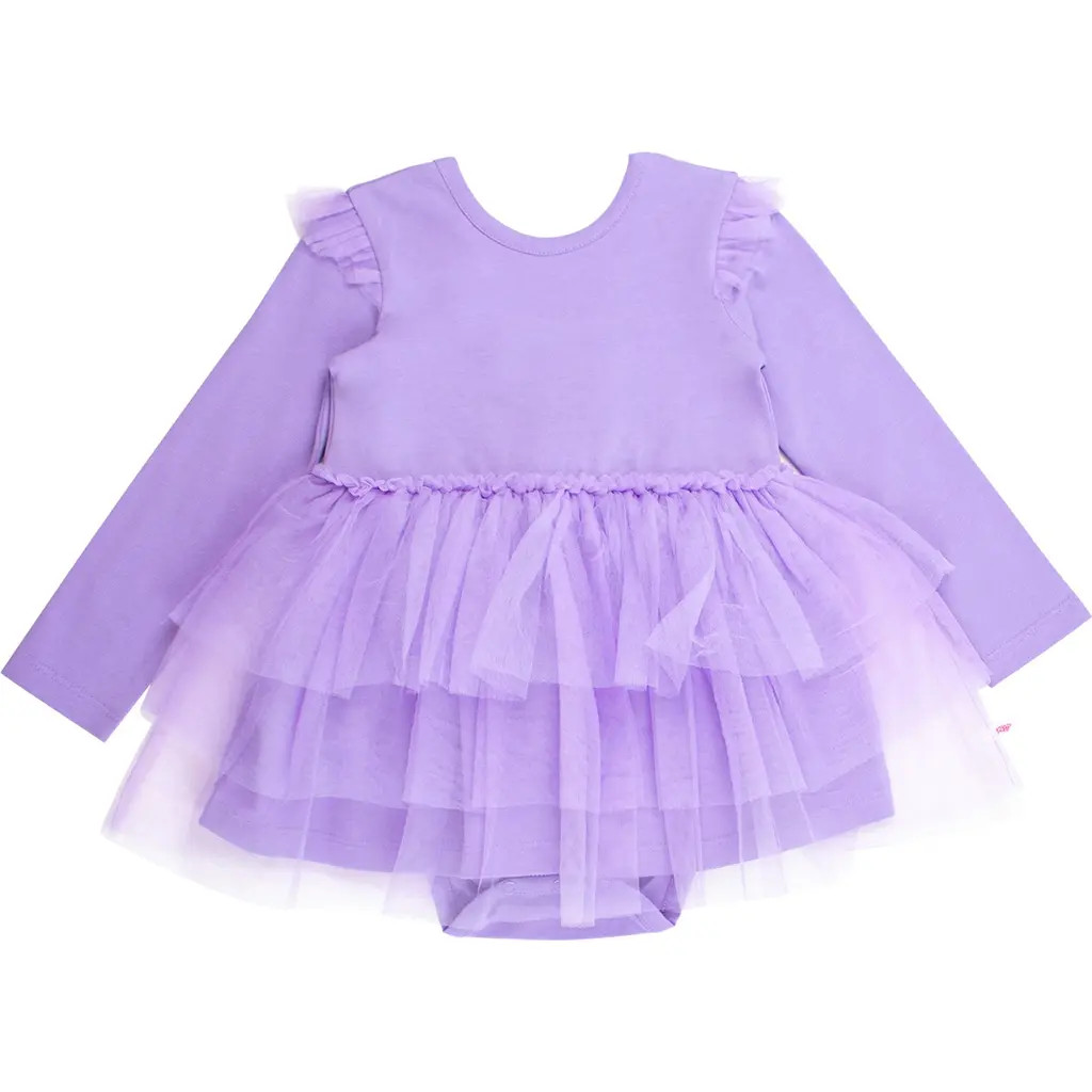 RuffleButts Baby Girls Flutter Tulle Long Sleeve Twirl Romper in Wisteria Purple at Nordstrom, Size 6-12M | Nordstrom
