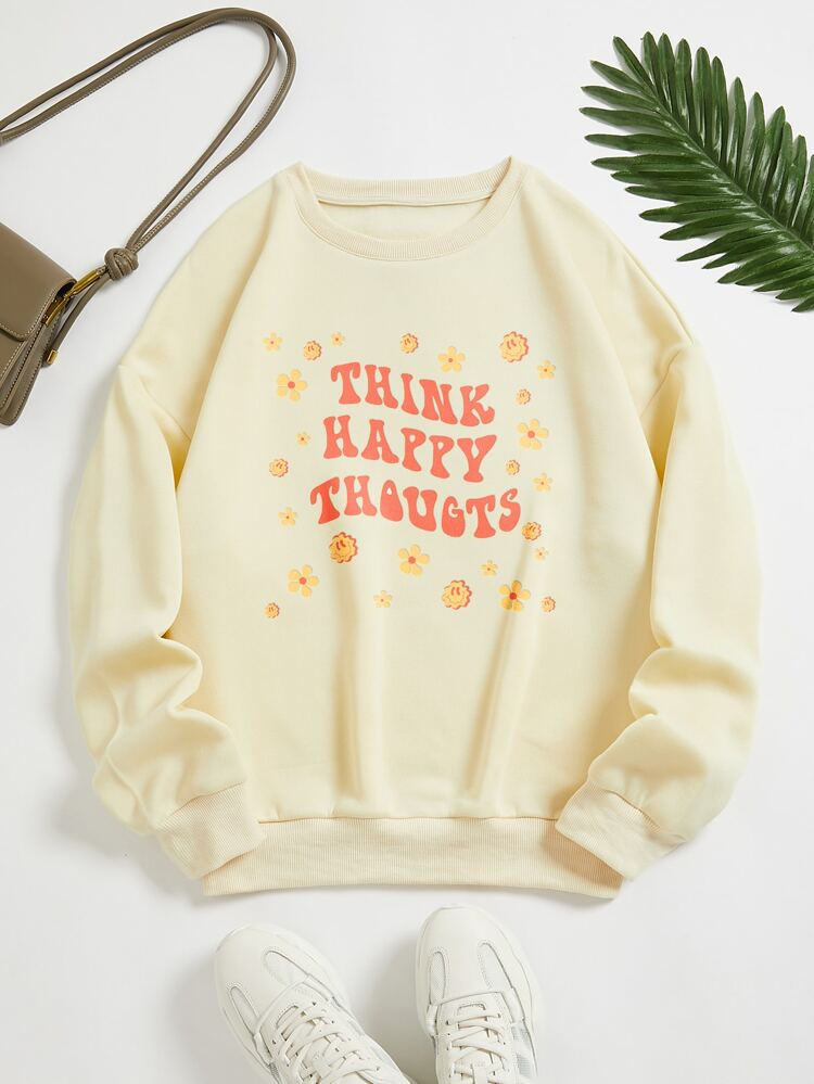 Slogan & Cartoon Face Print Thermal Lined Sweatshirt | SHEIN