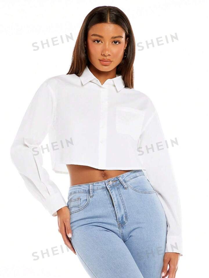 SHEIN BASICS Solid Pocket Patched Crop Shirt | SHEIN