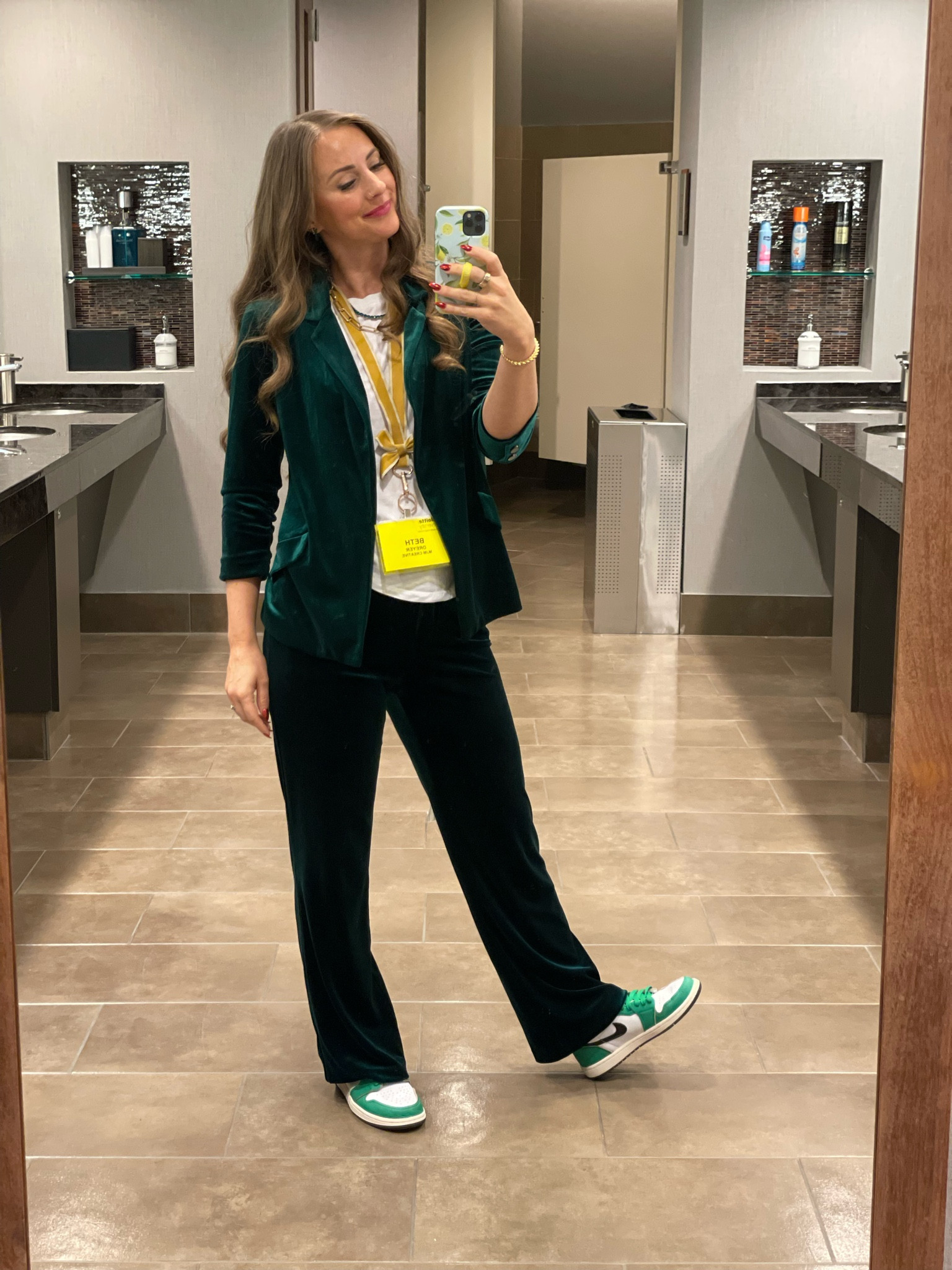 I got this suit years ago from my girls EK The Boutique, but it is still available at Dillard’s!

Dillards has limited colors in the trousers and they don’t  have the hunter green trousers any longer, but it looks like you can find those on the Skies are Blue website, which I sadly cannot link for you here.  The trousers I linked are the exact ones I’m wearing, but in black.

Linked the J’s on GOAT, which is where I bought them!

#LTKWorkwear #LTKHoliday #LTKShoeCrush