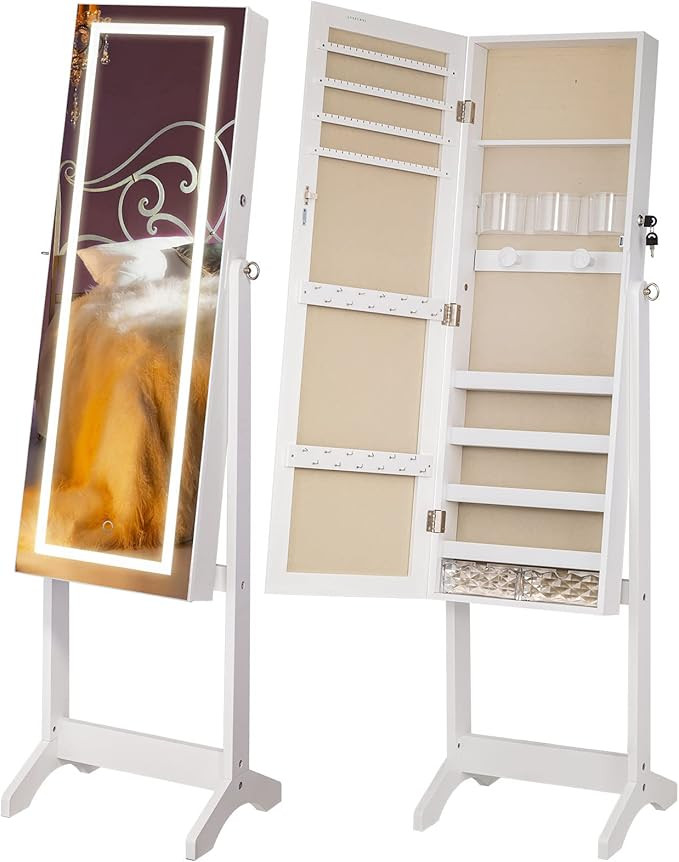 LUXFURNI LED Light Jewelry Cabinet Standing Full Screen Mirror Makeup Lockable Armoire, Large Cos... | Amazon (US)