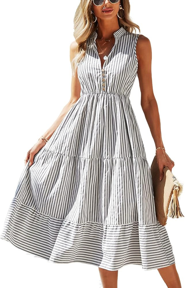 BROVAVE Womens 2024 Summer Sleeveless Shirt Dress Collar Striped V Neck Casual Midi Dresses | Amazon (US)