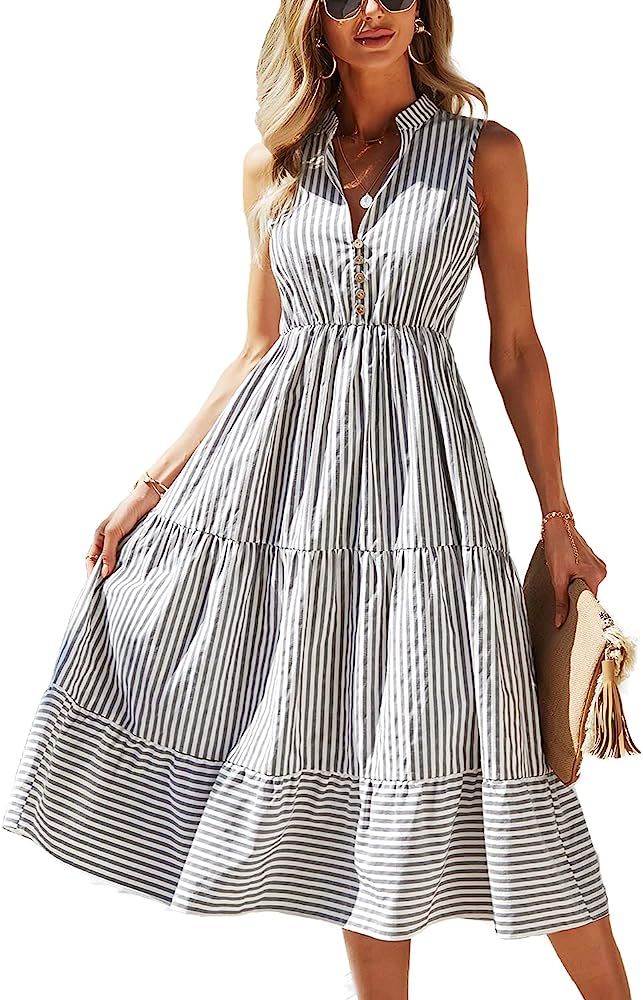 BROVAVE Womens Summer Sleeveless Collar Striped V Neck Flowy Casual Midi Dress | Amazon (US)