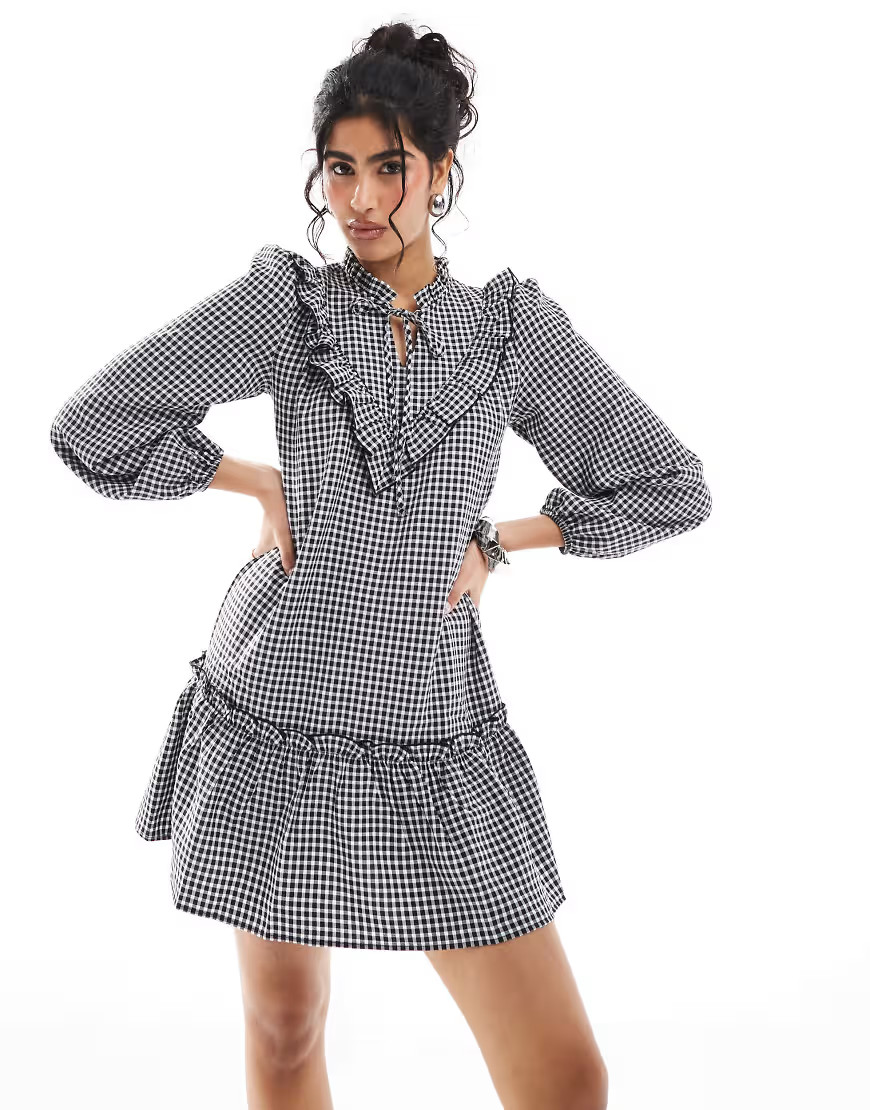Miss Selfridge ruffle front mini dress in gingham print-Multi | ASOS (Global)