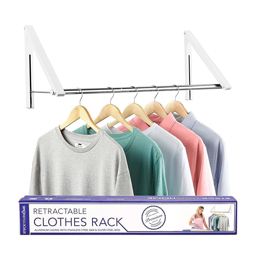 Double Foldable Clothing Rack w/Extension Rod, Wall-Mounted Retractable Clothes Hanger for Laundr... | Amazon (US)