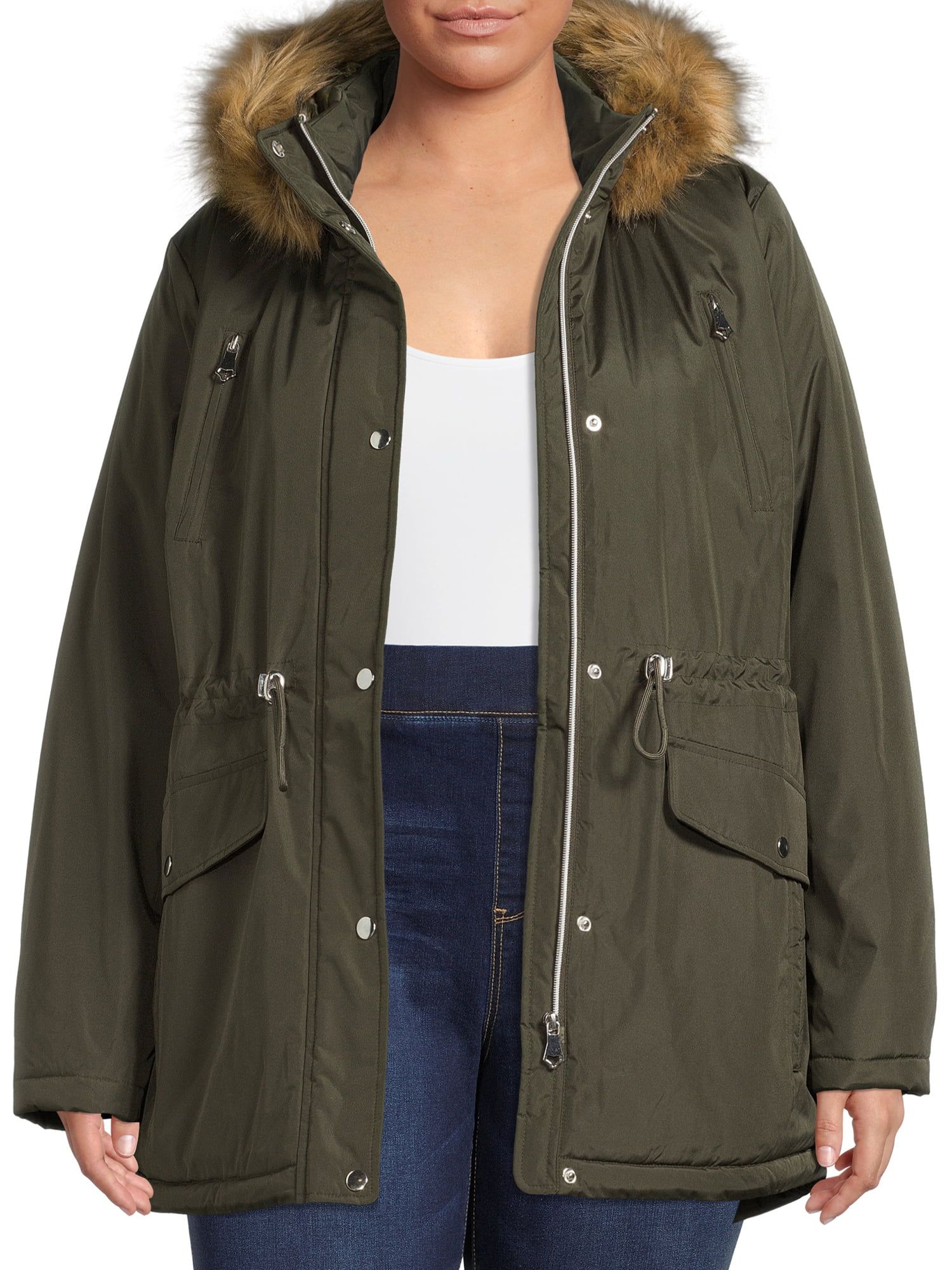 Big Chill Women's Plus Size Heavy Coated Anorak Coat with Faux Fur Hood - Walmart.com | Walmart (US)