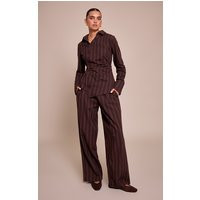 Dark Brown Woven Pinstriped Straight Leg Pant | PrettyLittleThing US