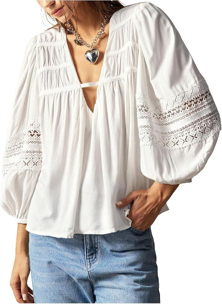 SHENHE Women's Boho V Neck Lantern Sleeve Oversized Embroidered Peasant Blouse Top Shirt | Amazon (US)