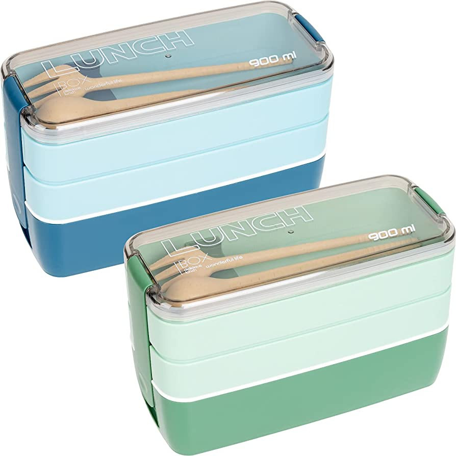Rarapop 2 Pack Stackable Bento Box Japanese Lunch Box Kit with Spoon & Fork, 3-In-1 Compartment W... | Amazon (US)