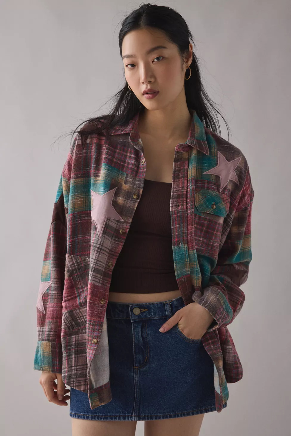 BDG Dani Cowboy Patchwork Oversized Flannel Shirt | Urban Outfitters (US and RoW)