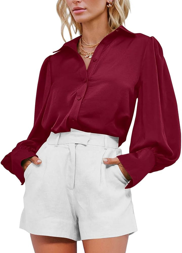 BTFBM Women Satin Button Down Shirts Summer Fall Lantern Long Sleeve Lapel V Neck Blouse Loose Ca... | Amazon (US)
