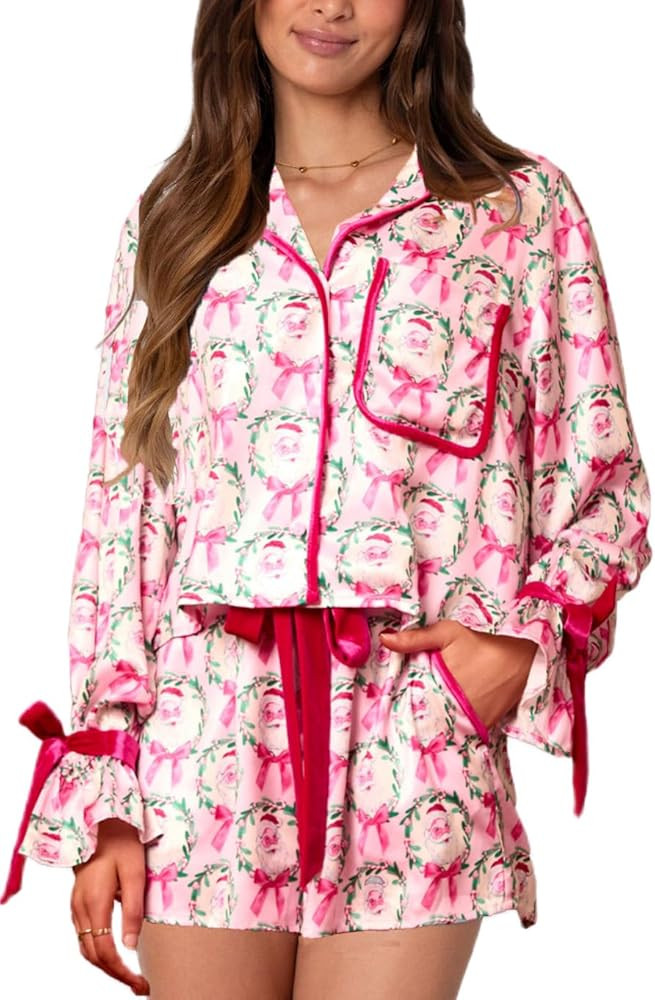Womens Silk Christmas Pajamas Satin 2 Piece Xmas Bow Tie Pjs Long Sleeve Button down Shirt Lounge... | Amazon (US)