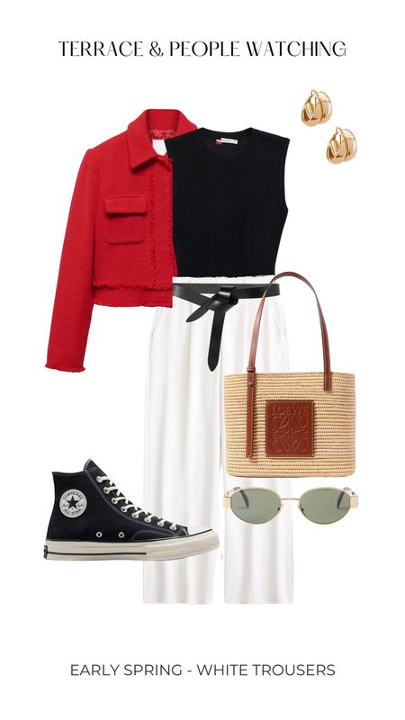 White trousers black top red cardigan converse all stars 

#LTKstyletip #LTKshoecrush #LTKitbag