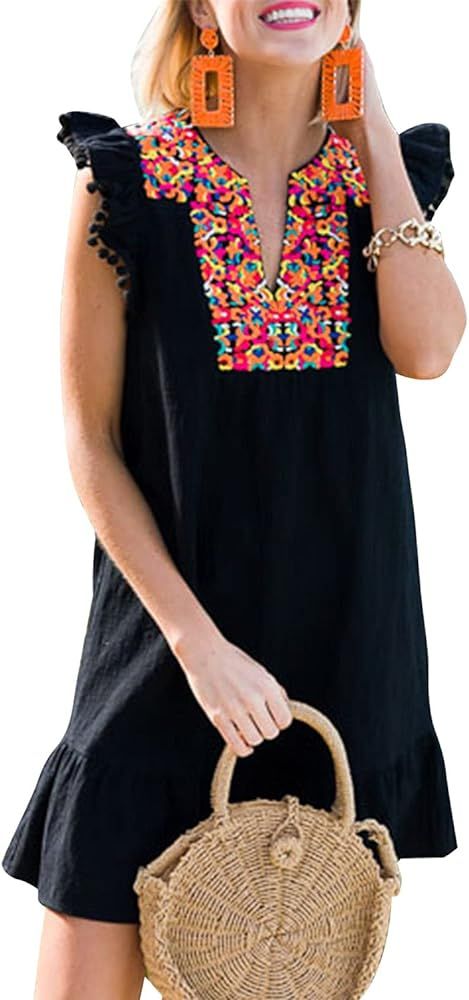 CORAFRITZ Womens V Neck Boho Mexican Dresses Vintage Embroidered Mini Dress Pom Pom Ruffle Sleeve... | Amazon (US)