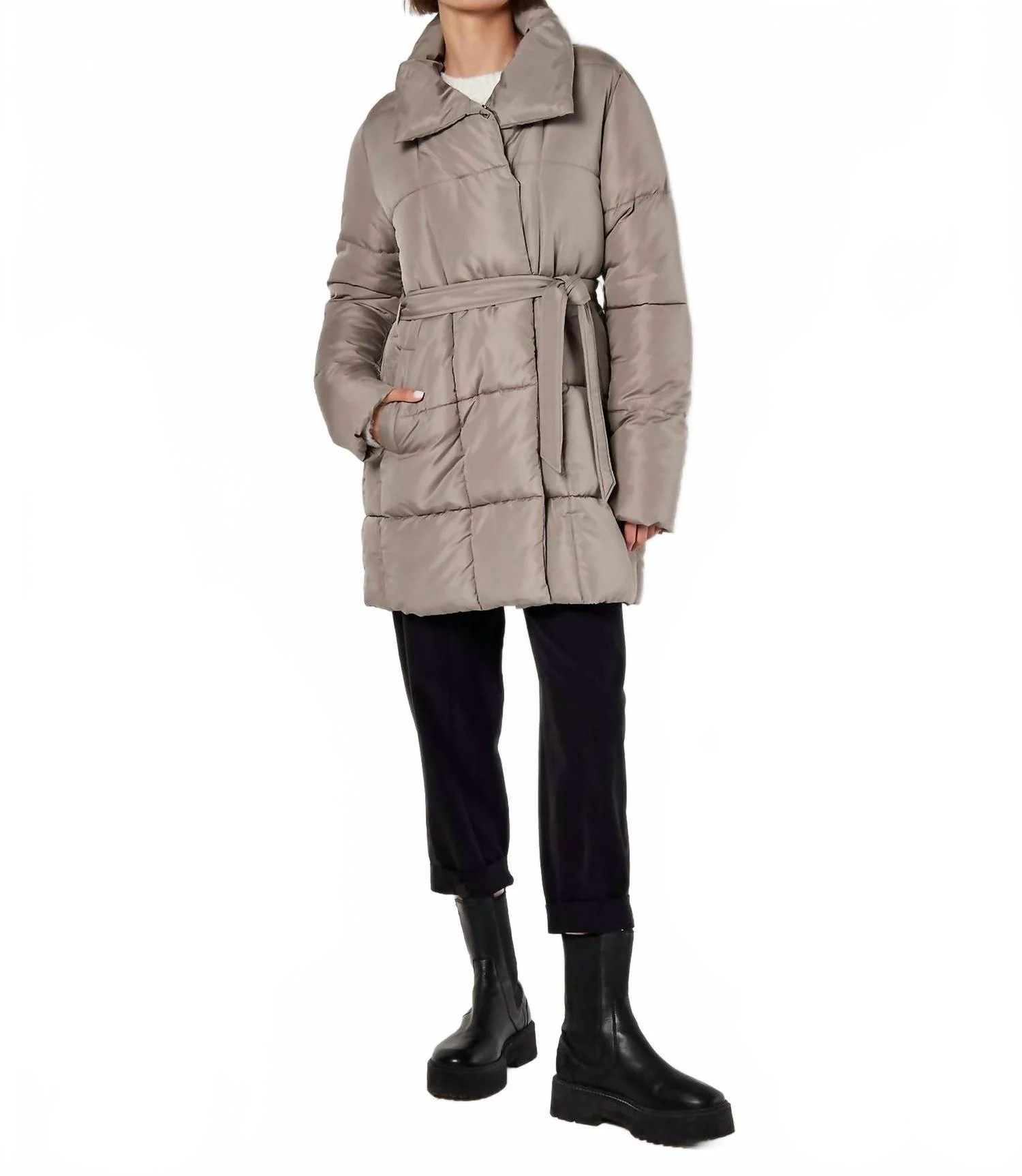 Women's Quilted Belted Coat In Stone | Shop Simon