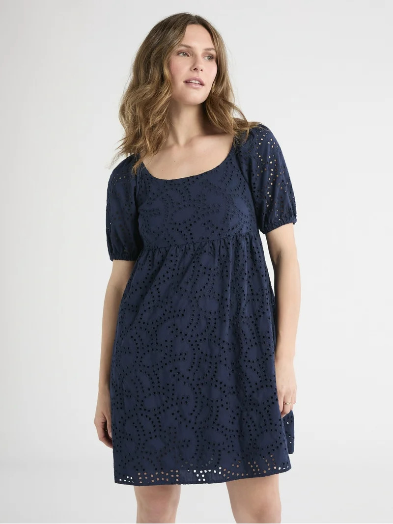 Time and Tru Women's Eyelet Dress with Puff Sleeves, Sizes XS-XXXL | Walmart (US)