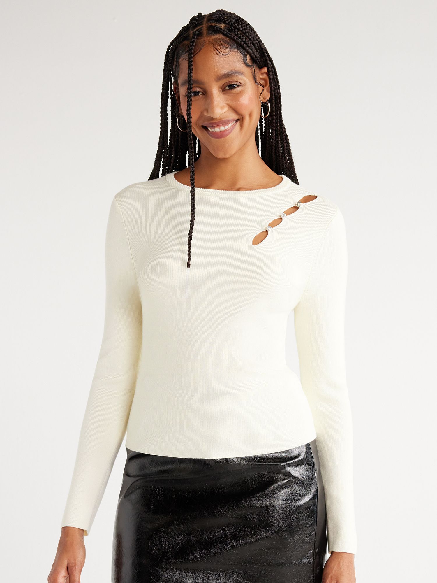 Scoop Women’s Rhinestone Peek-a-Boo Sweater, Sizes XS-XXL | Walmart (US)