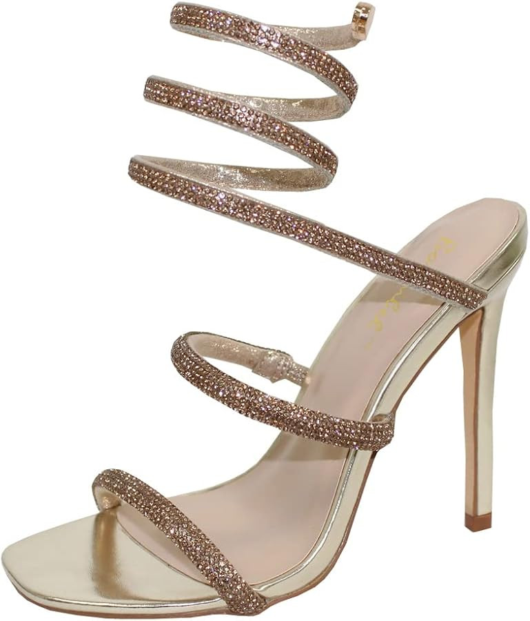 Women Rhinestone Spiral Ankle Wrap Strap High Heels Sandals | Amazon (US)