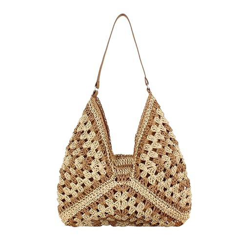 Faletony Straw Beach Shoulder Bag Summer Crochet Bags for Women Large Granny Square Handmade Tote Boho (Light Brown) | Amazon (UK)