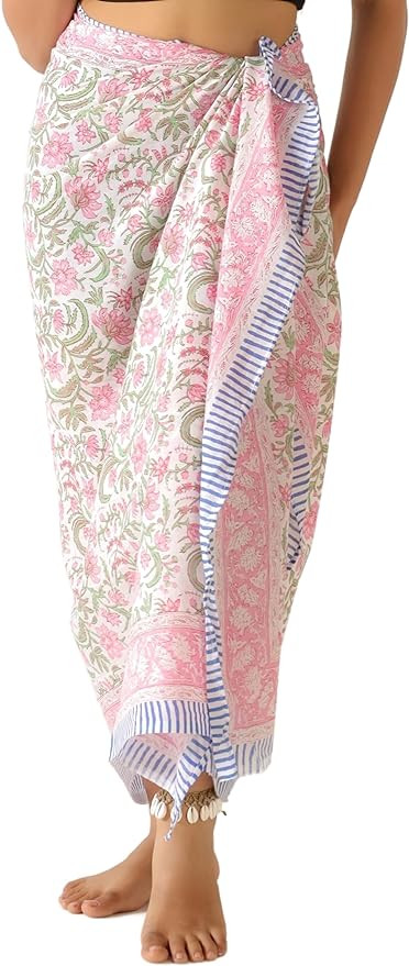 100% Cotton Sarong Coverup for Women Indian Hand Block Print Swimsuit Pareo Wrap Skirt Beach Biki... | Amazon (US)