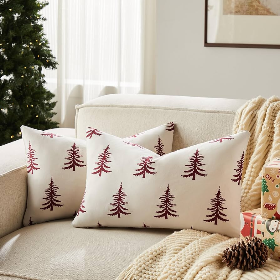 100% Cotton Christmas Lumbar Pillow Covers Set of 2, 12x20 Inch Burgundy, Winter Tree Print Decor... | Amazon (US)