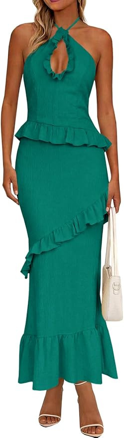Wenrine Womens Summer Halter Maxi Dress Ruffle Tassel Cutout Backless Long Sleeveless Party Dress... | Amazon (US)