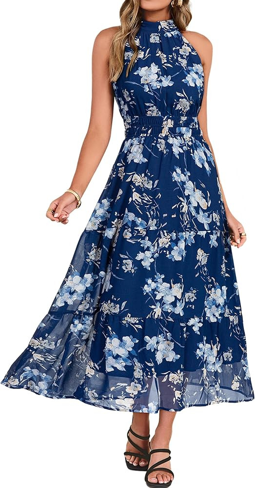 Simplee Womens Summer Halter Wedding Guest Dress Maxi Floral Vacation Boho Sundresses Flowy Forma... | Amazon (US)