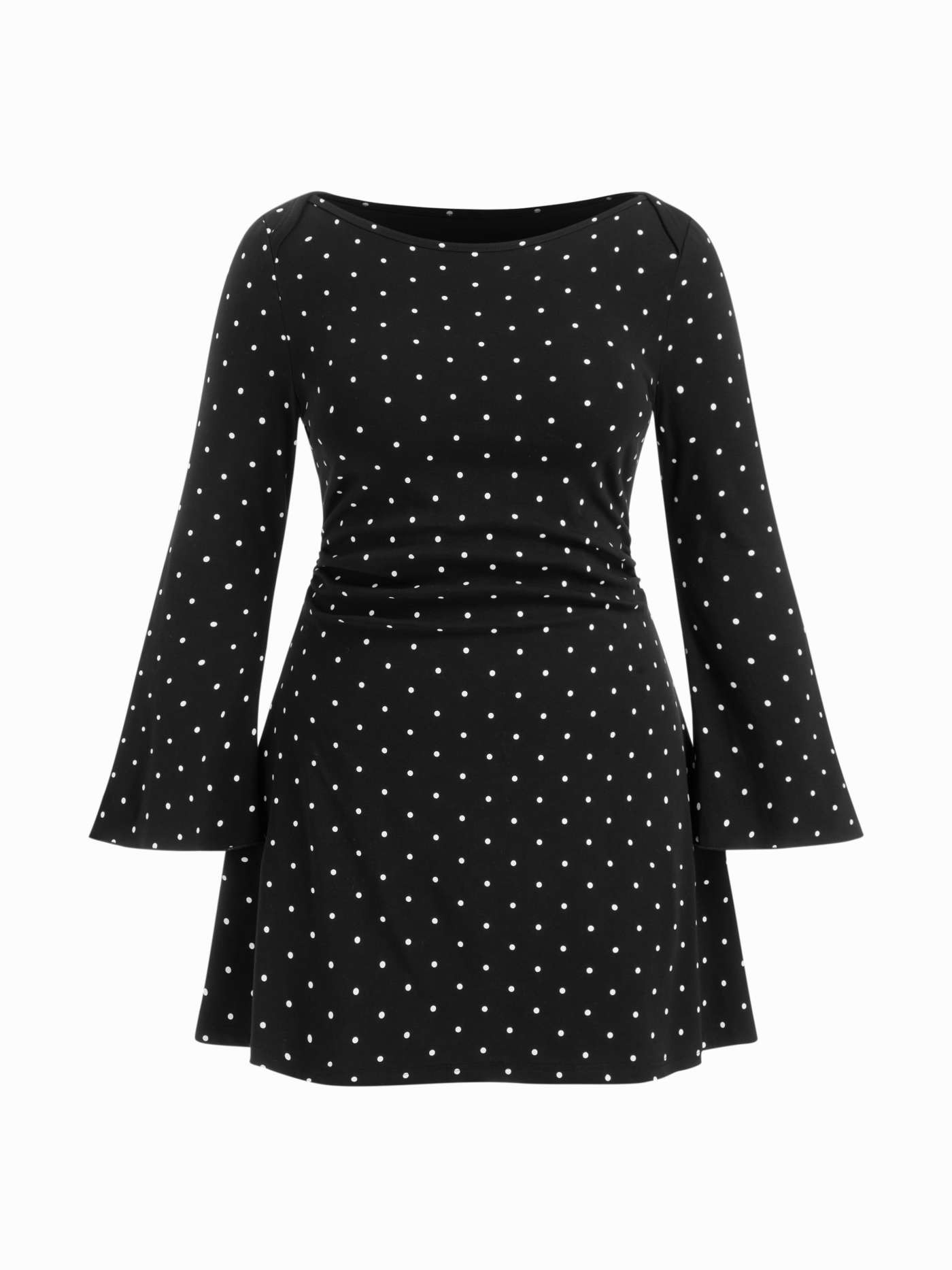 Jersey Cotton-blend Boat Neck Polka Dot Ruched Bell Sleeve Mini Dress Curve & Plus For Daily Casu... | Cider