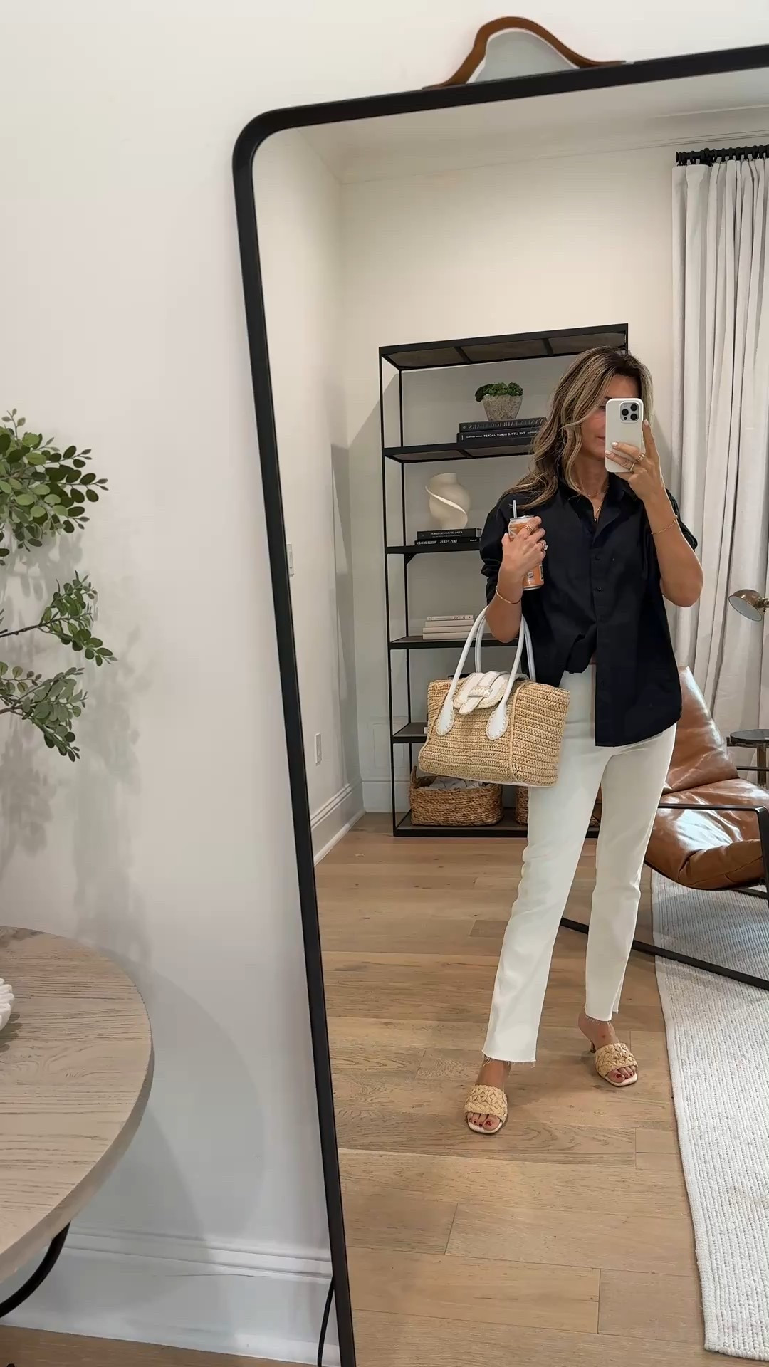 Julia Amory button up SZ S code Tammy15
-Frank and Eileen illusion pants I sized up one size
-Benarre raffia heels
-raffia tote bag  